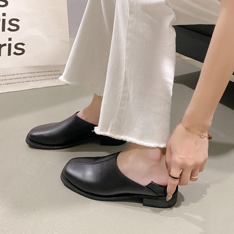 Deep mouth women's loafers 2025 retro soft leather flat bottom comfortable casual stepping heel cover foot low heel single shoes wear two