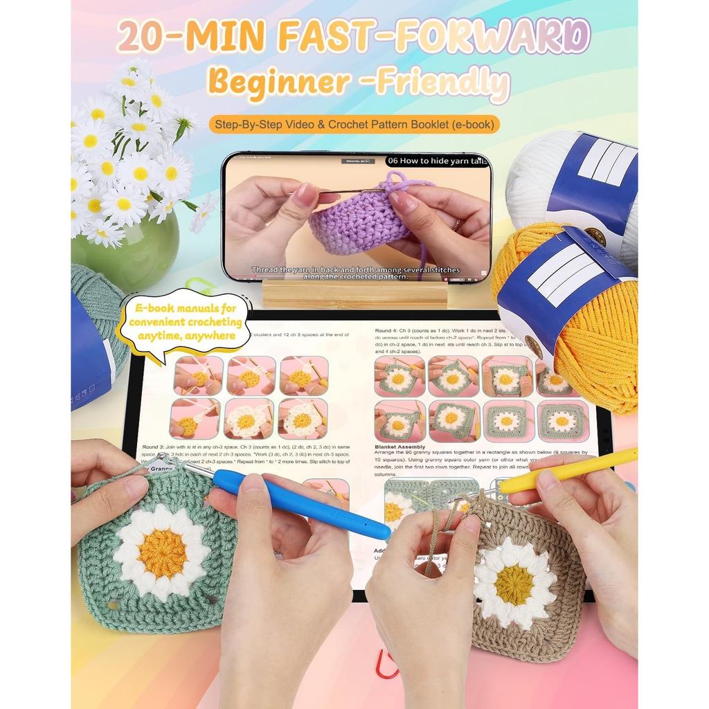 Coopay Crochet Kit for Beginners, Crochet Starter Kit for Blanket, Granny Squares Video Instructions, Easy to Learn Knitting for Beginner
