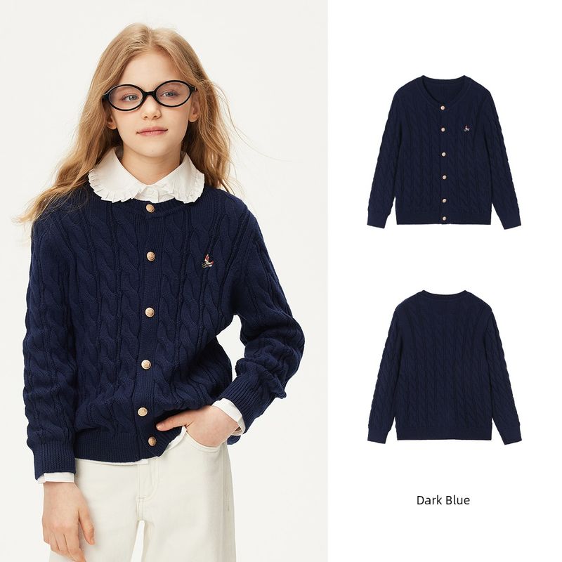 Navigare Italian Small Sailboat Kidsren s Red Sweater Cardigan Spring and Autum Knitted Sweater Girls Jacket New Cable Knit Cardigan - Navy Blue 130