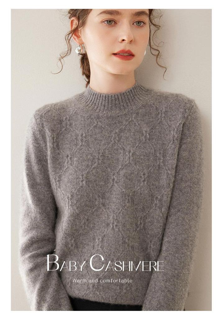 2024 Women's Autumn/Winter Cashmere Cable Knit Sweater – Half-High Neck, Thick, Loose Fit Knitwear