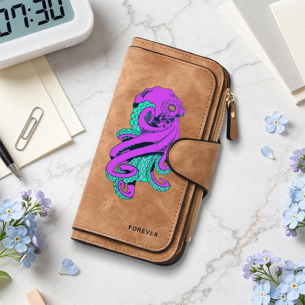 Purple Octopus Pattern Wallet Fashion Casual Card Holder Forever Letter Long Purse
