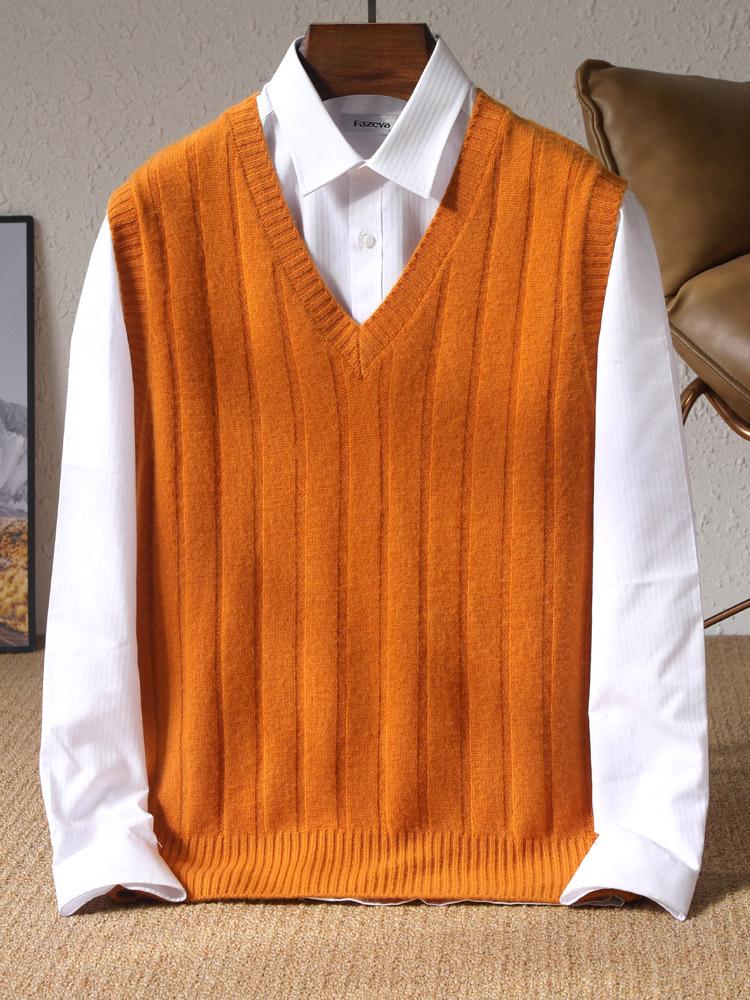 Men's 100% Pure Wool V-Neck Thickened Sleeveless Knit Vest - Solid Color, Ribbed, Slimming, Warm