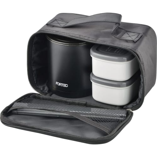 Wahei Freiz Bento Box, 640ml, Black, Slim, with Rice Container, Two Side Dish Containers, Chopsticks, and Insulated, Fortec Lunch, FLR-5957