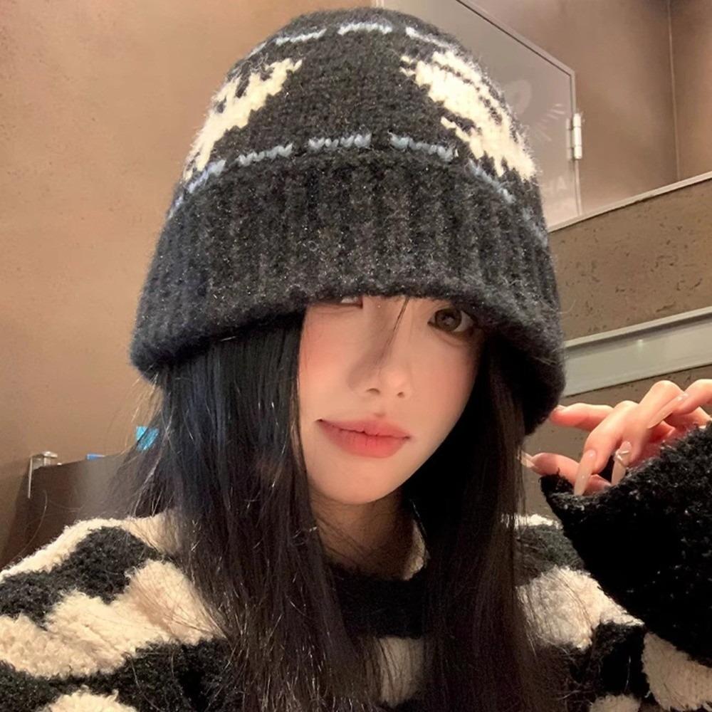 Vintage Jacquard Beanie Hats Wool Outdoor Fleece Sports Hat Fashion Women Fisherman Cap