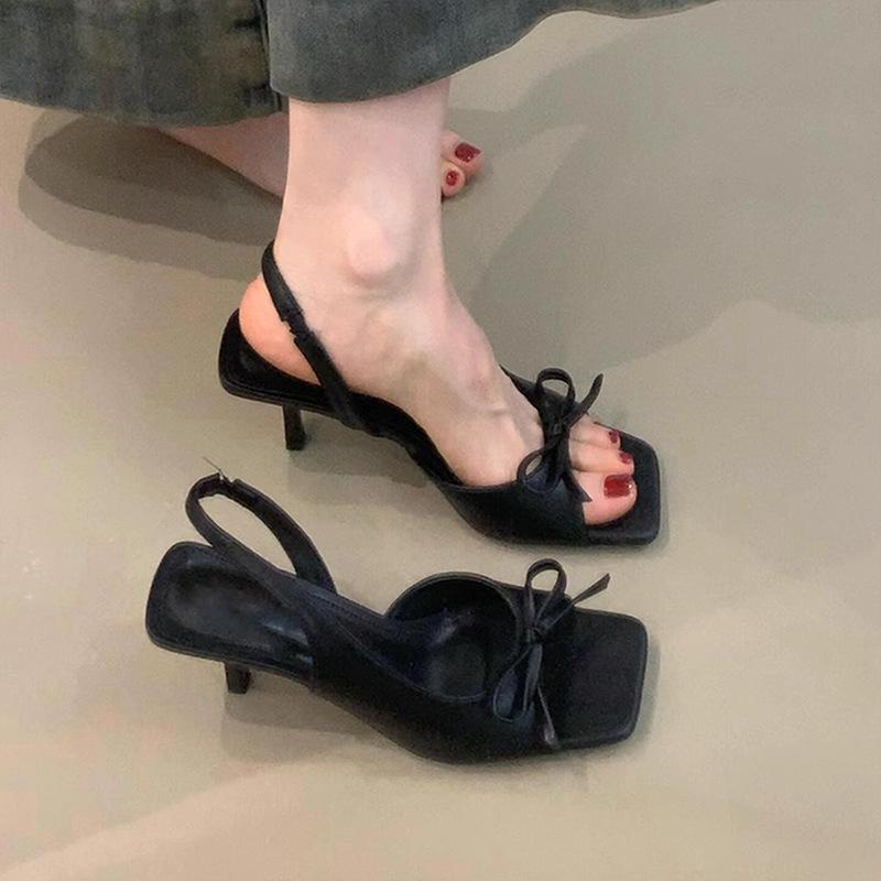 Floral high-heeled sandals for women's summer square head open-toed bow, thin heel with high heels for women