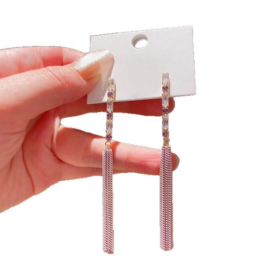 Silver needle zircon chain fringed earrings Japan and Korea fashion elegant exquisite commuter earrings light luxury high-end earrings women