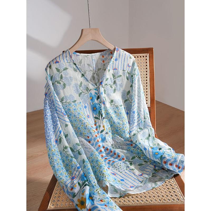 Spring Women's Blue Thin Cotton and Linen Shirt Floral Long Sleeved Shirt Women's Early Autumn V-neck Women's Summer Top
