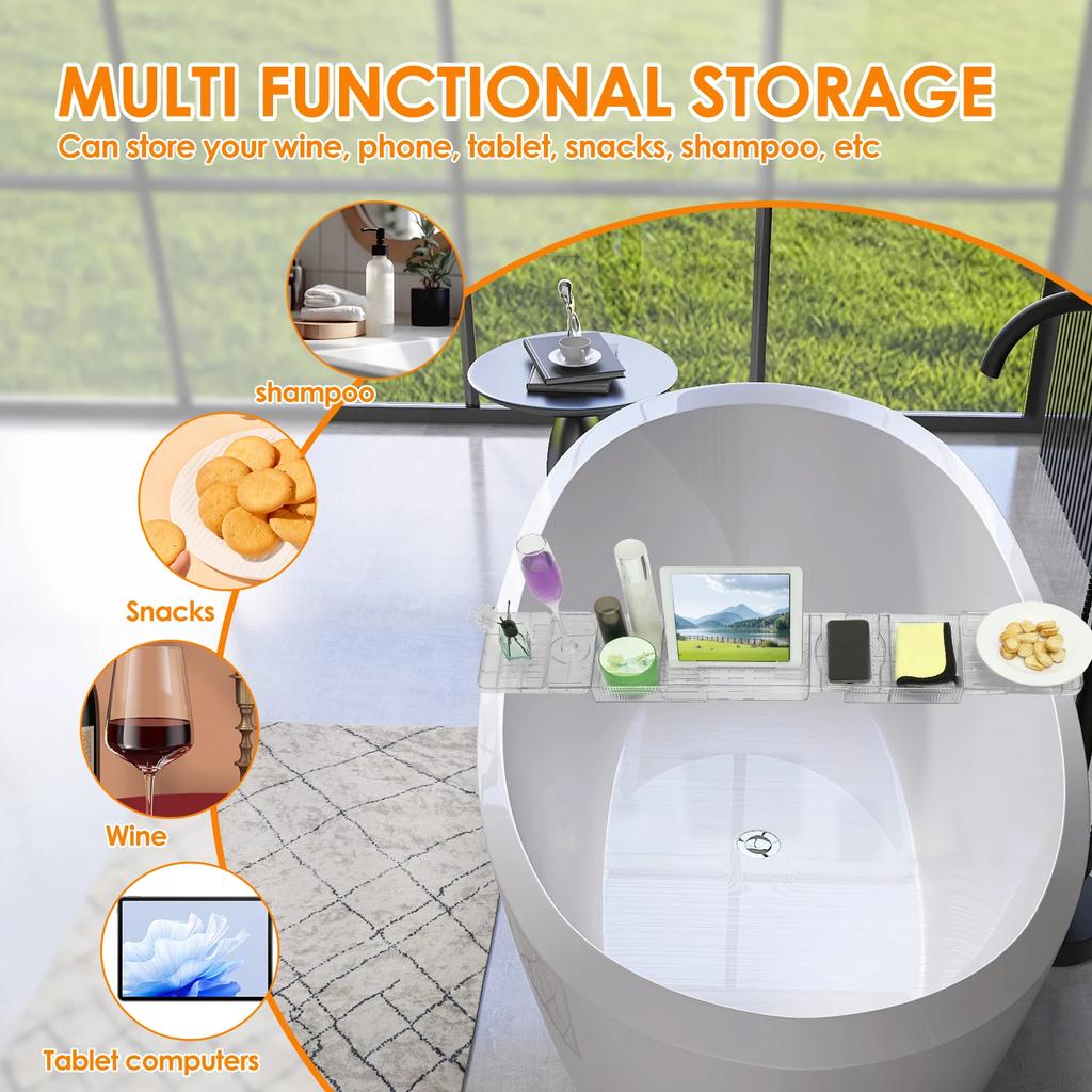 Clear Bathtub Tray Expandable Bath Shelf Over Tub Bathtub Storage Table Multifunctional Bathroom Accessories for Home Bathroom