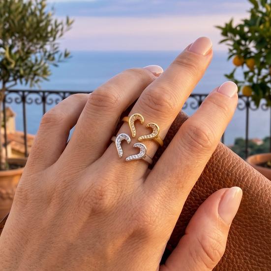 Women Ring Adjustable Open Heart Shape Finger Ring with Cubic Zirconia Semi-Inlaid Design Formal Wear Jewelry Gift