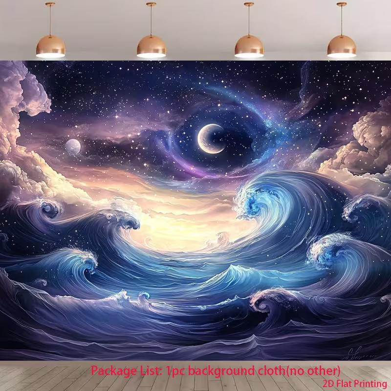 

2D Fantasy Ocean Wave Backdrop Purple Starry Sky Moon Photo Background 47.2x31.5inch/120*80cm