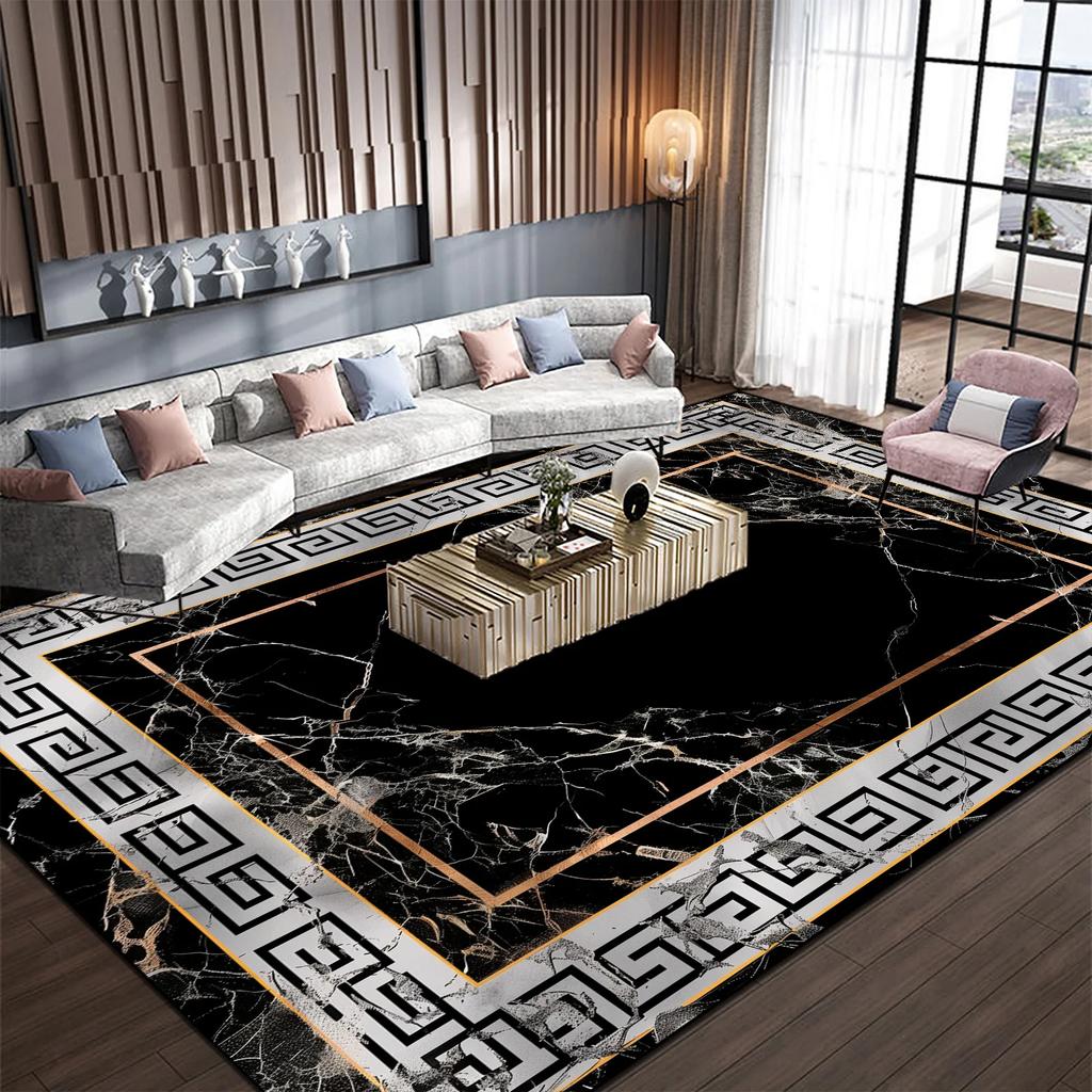 Light Luxury Marble Style Carpet Living Room Non-slip Black White Decoration Home Sofa Table Floor Mat Rugs for Bedroom Washable