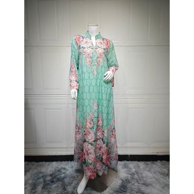 

New Middle East Dubai Fashion Embroidered Print Robe Dress Embroidered Printed Dress Green 2XL