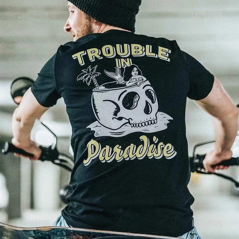 Summer Men's Letter Skull Print Round Neck T-shirt Punk Retro Trend Outdoor Pure Cotton Hip-hop High Street Short Sleeved Shirt