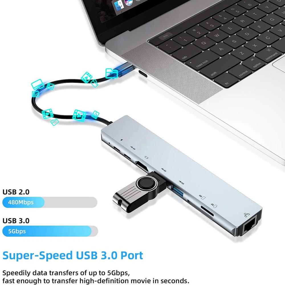 USB C HUB 4K30Hz Docking Station 8 in 1 USB 3.0 Splitter Type C to RJ45 SD/TF Card Reader for MacBook Notebook Laptop Computer