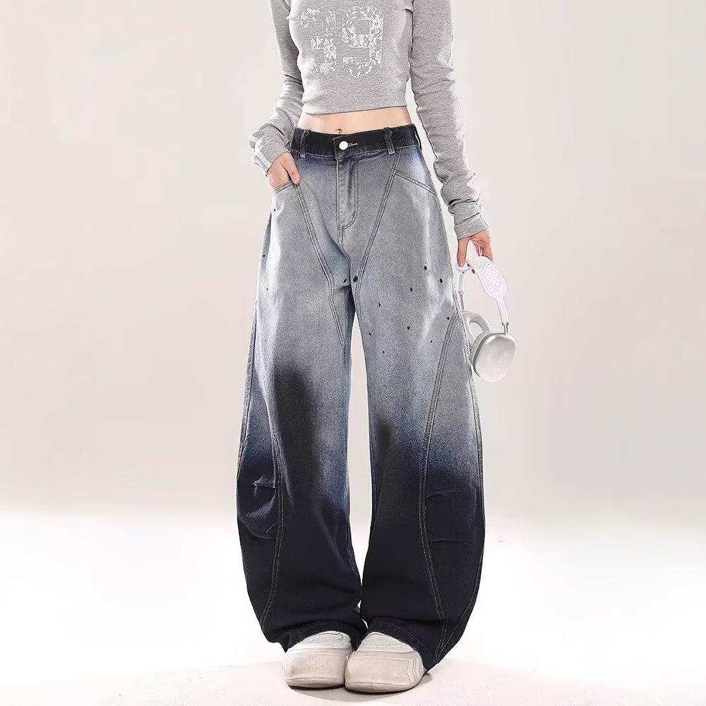 

Джинсы 2025 American Retro Scimitar - Тяжелые Градиентные Брызги Серп Штаны для Мужчин и Женщин, Высокий Дизайн Широкие Штанины. 3XL синий