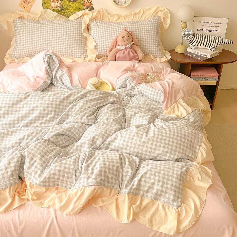 Bed Four-piece Set Washed Cotton Quilt Cover Bed Sheet Dormitory Three-piece Set