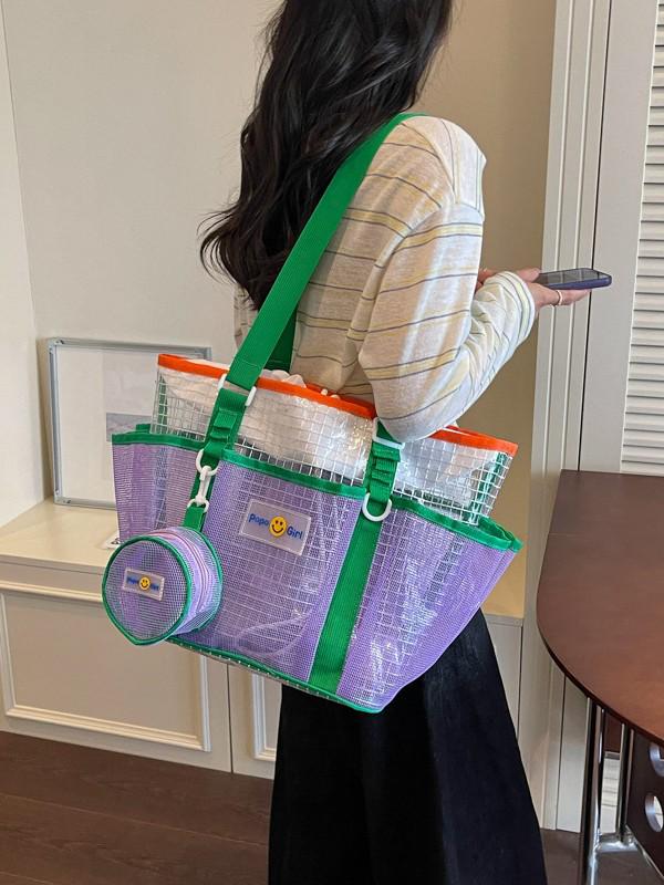 Dopamine Color Block Mesh Beach Bag – Large Capacity Travel and Swim Tote