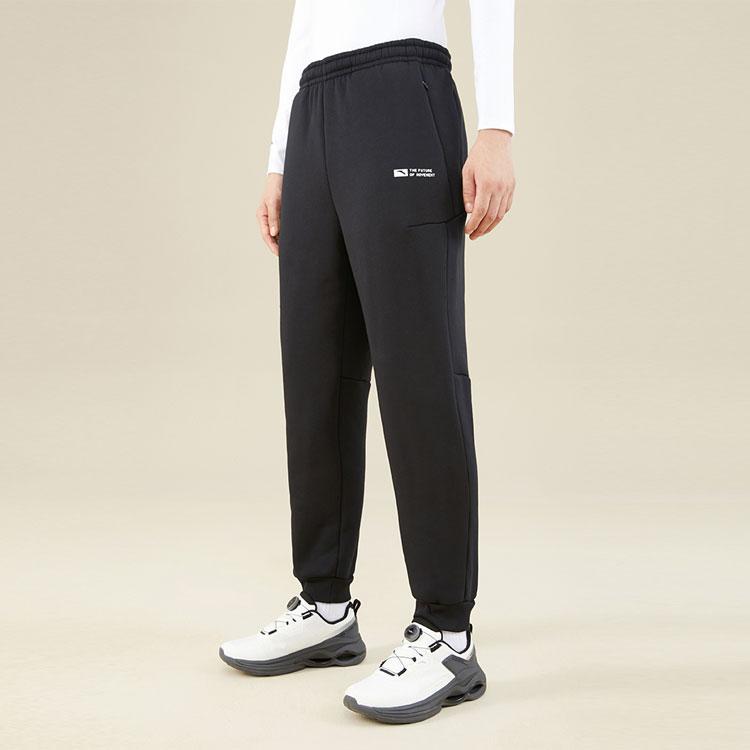 Anta Training Series Solid Color Mid Waist Cuffed Fleece Thickened Knitted Sports Pants Men Bottoms Basic-Black 952347303-3