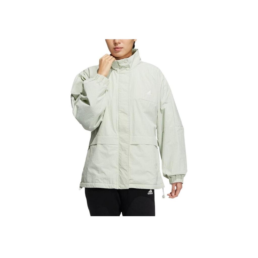 Adidas Solid Logo Stripe Stand Collar Jacket Women Outerwear Linen-Green HM2807