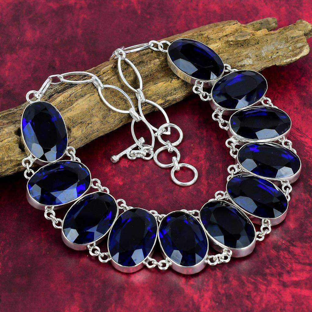 Faceted Blue Sapphire Necklace, Gemstone Handmade Jewelry, 925 Solid Sterling Silver Necklace Jewelry Gift For Weeding