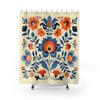 Tenda da Doccia Scandinava, Tenda da Doccia con Design Floreale Folk Art Color Crema Arancio e Blu