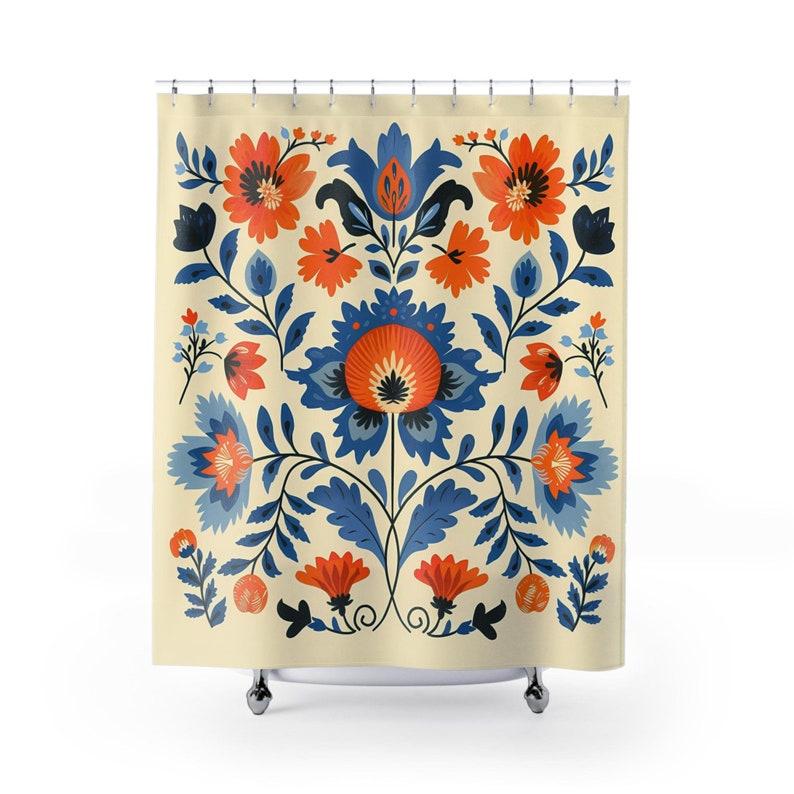Tenda da Doccia Scandinava, Tenda da Doccia con Design Floreale Folk Art Color Crema Arancio e Blu