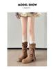 Women's Retro Chunky Heel Tassel Boots - Suede Mid-Calf Ruched Cowboy Style for Autumn/Winter