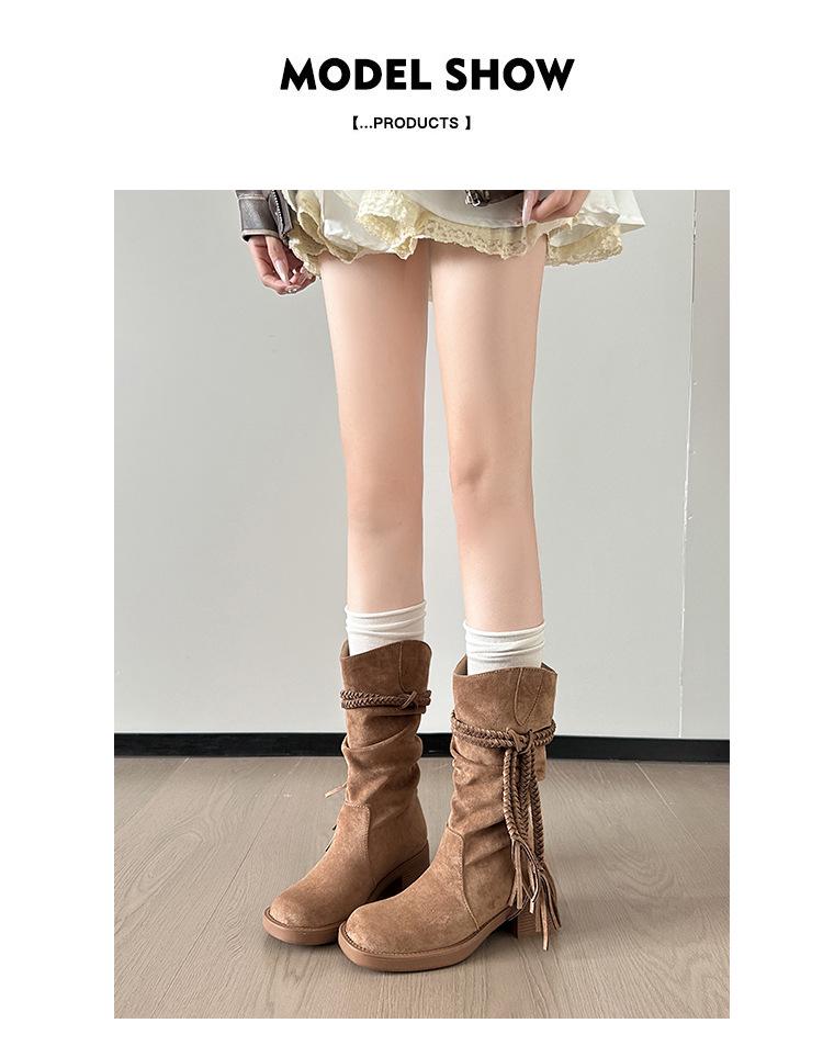 Women's Retro Chunky Heel Tassel Boots - Suede Mid-Calf Ruched Cowboy Style for Autumn/Winter