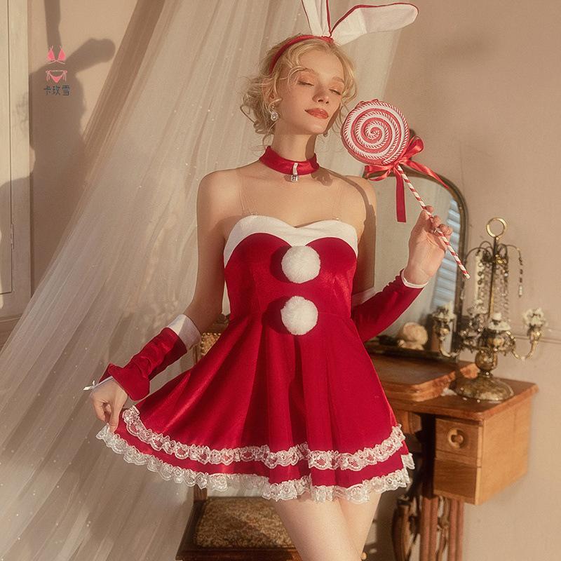 Christmas Dress Girl Costume Rabbit Set Winter Off Shoulder Dress Sexy Lady Cosplay Costume New Year Maid Role Play Uniform