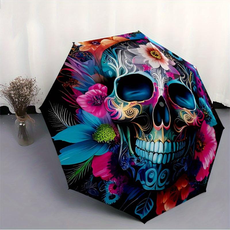 1pc Skull Flowers Automatic Open/Close Umbrella, Portable Folding Umbrella for Travel, Themed Events, It is suitable as a gift for various festivals,