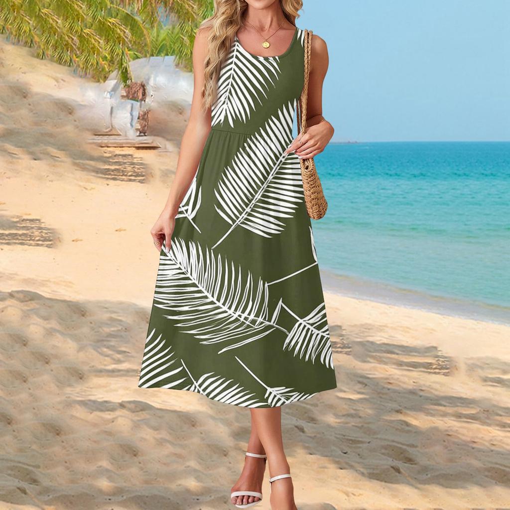 Elegante abito estivo da donna, abbigliamento casual chic, gonna prendisole da spiaggia con tasche