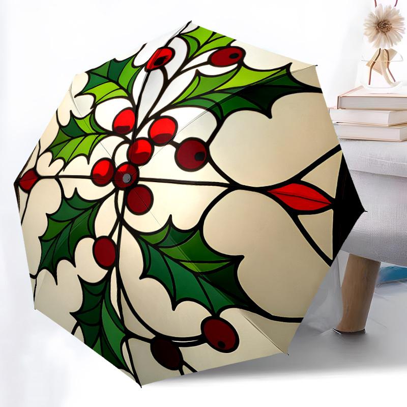 1pc Stained Glass Holly Automatic Folding Umbrella with 8-Rib Windproof Design, Portable Foldable Sunshade Umbrella For Halloween 030