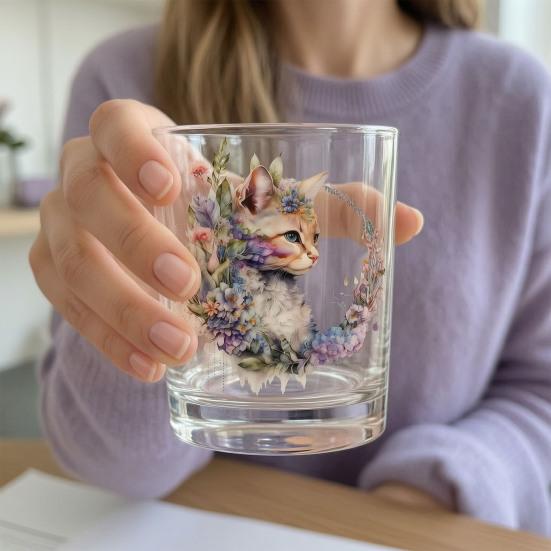 Cute Cat Floral Glass, Juice Coffee Cup, Milk Tea Glass Mug, Artistic Whiskey Coffee Mug for Home Bar, Gift for Cat Lovers