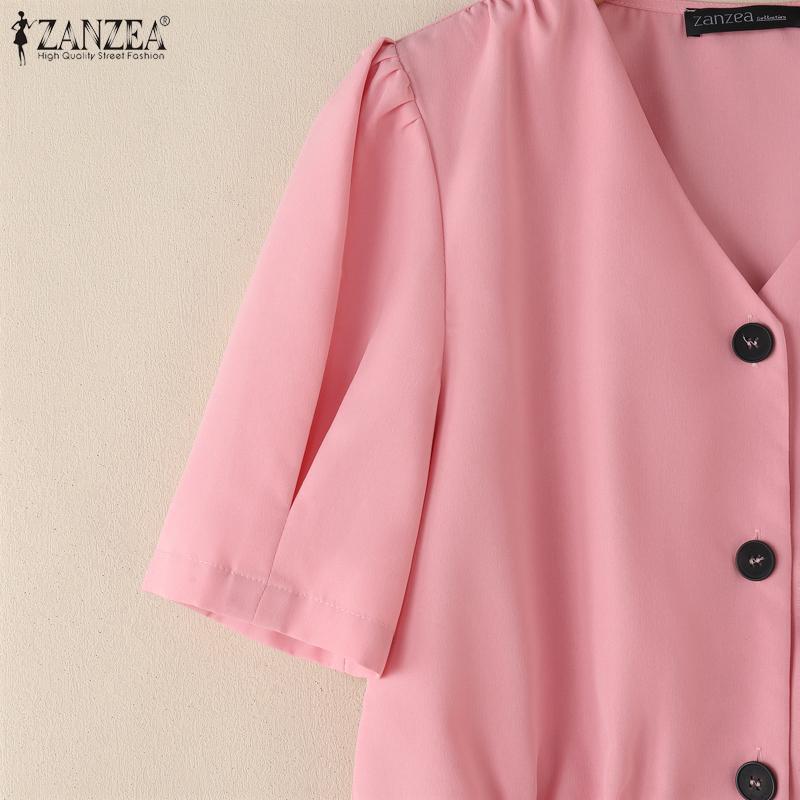 ZANZEA Women Casual V-Neck Solid Color Summer Short Sleeve Blouse