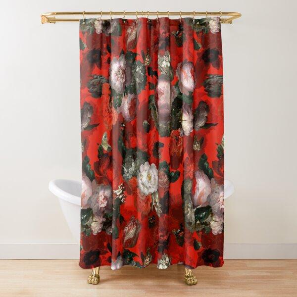 Cortina de ducha con diseño floral, color rosa oscuro, negro, rojo, verde, hojas, flores coloridas, mariposas, cortinas góticas para baño, decoración vintage para baño