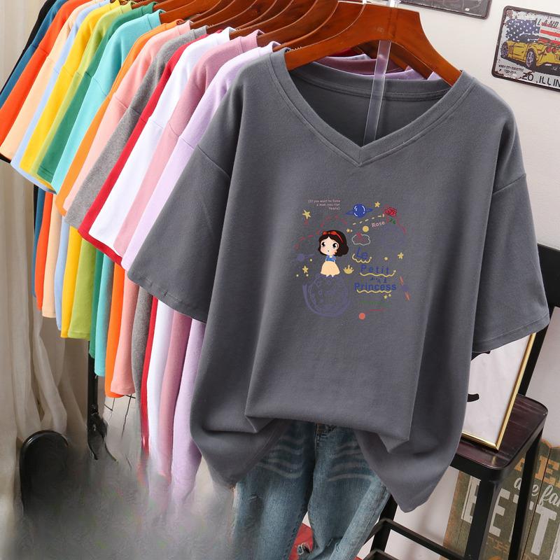 Kortärmad T-shirt för kvinnor, Stor storlek, Lös och smickrande, Tryckt V-ringad topp