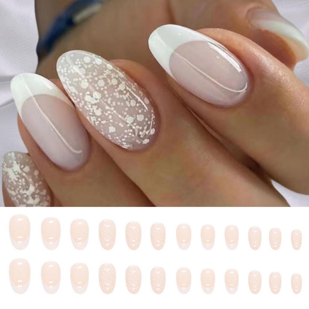 24 Pcs Simple Pink Press On Nails With Silver Glitter Powder Decor Removable Fake Nail Tips Set