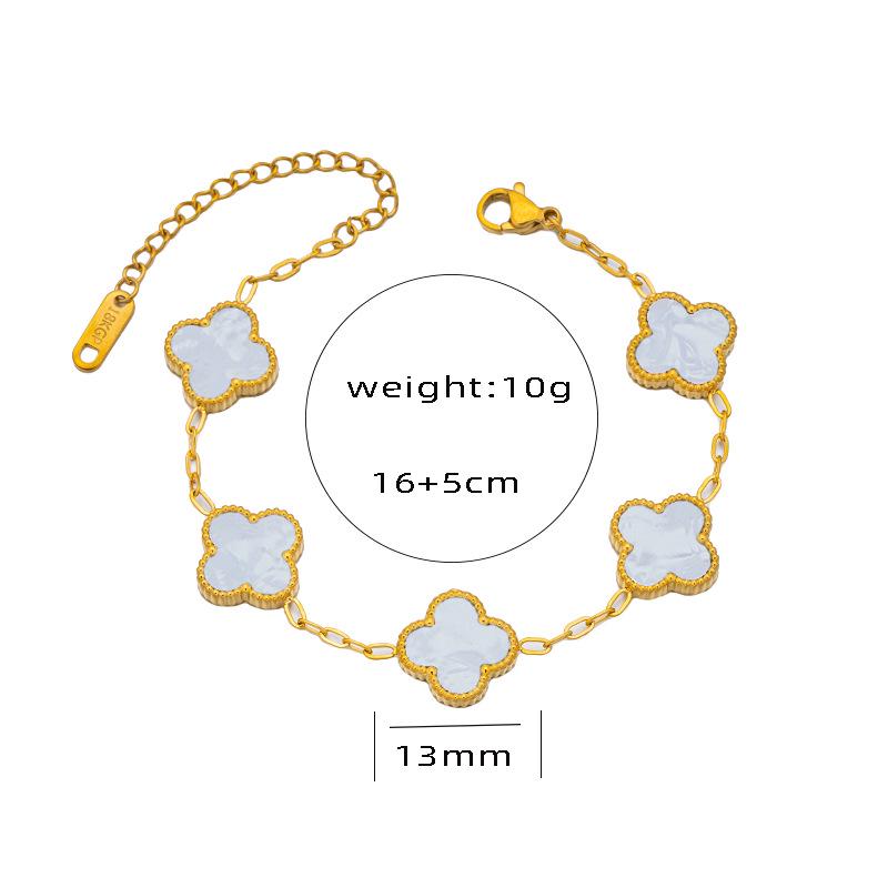 18K Gold Double-Sided Mother-of-Pearl Four-Leaf Clover Jewelry Set: Bracelet, Necklace, Ring, Earrings.