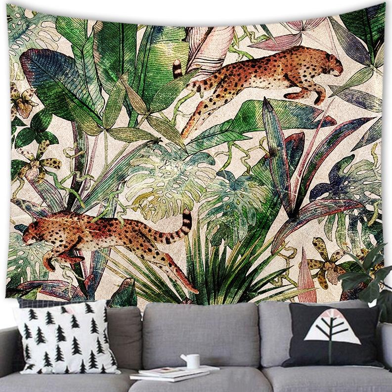 Home Decor Floral Tropical Jungle Fauna and Plant Leaves Tree Retro Style Tapestry Wall Hanging Room Poster Background Fabric