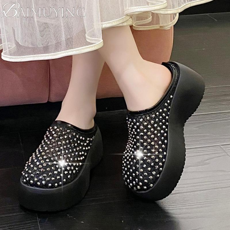 Fashion Crystal Mules Platform Shoes Woman Mesh Slippers Casual Women Flats Sandals Summer 2025 Trend Dress Comfort Wedges Sandalias