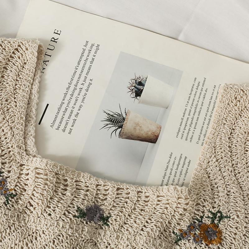 Spring Summer Crochet Top with Chiffon Flower Embroidery Long Sleeve Square-neck Fake Two-Piece Blouse Hook Flower Hollow Top Sunscreen