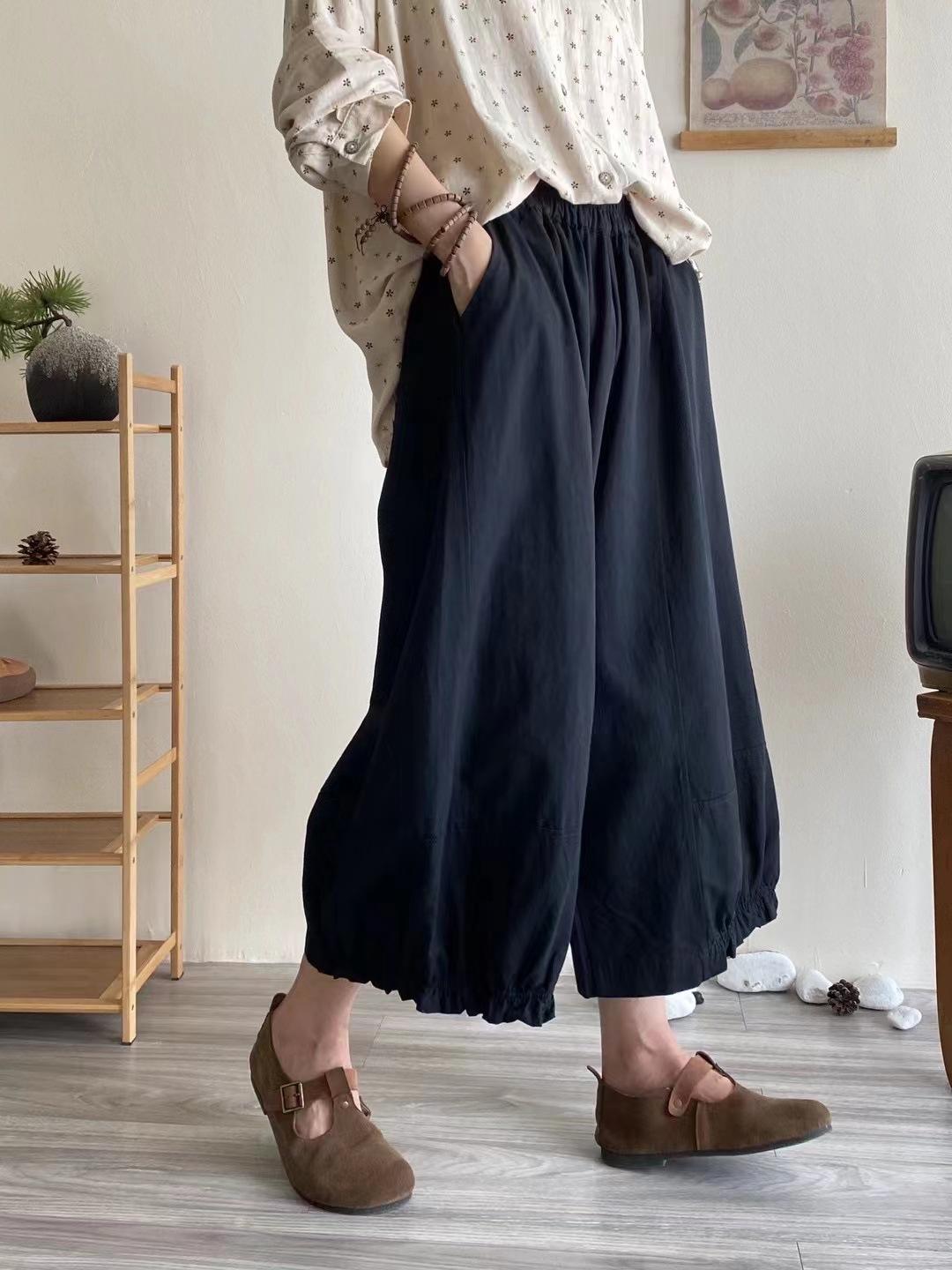 

Летние шаровары Johnature женские японские однотонные свободные универсальные эластичные брюки прямые широкие брюки One Size чёрный