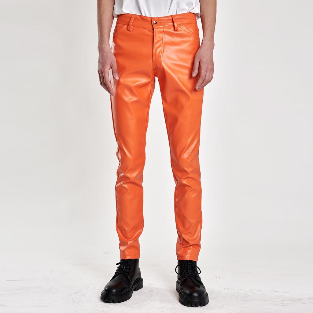 Spring/Summer Men's Slim Fit Elastic Leather Pants - Green Bar Orange, Breathable & Lightweight