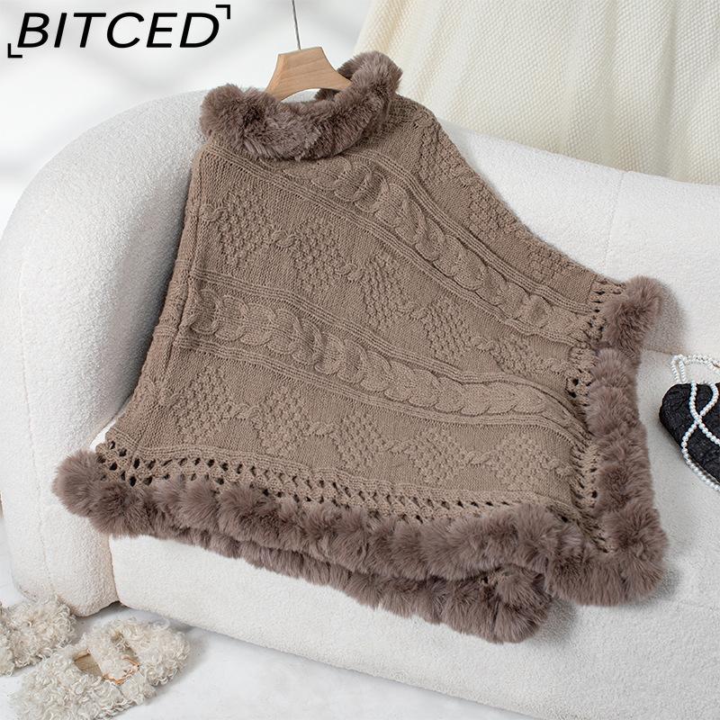 BITCED Oversized Fall/Winter Warm Faux Rabbit Fur Collar Cape Chunky Cable Knit Sweater Jacket