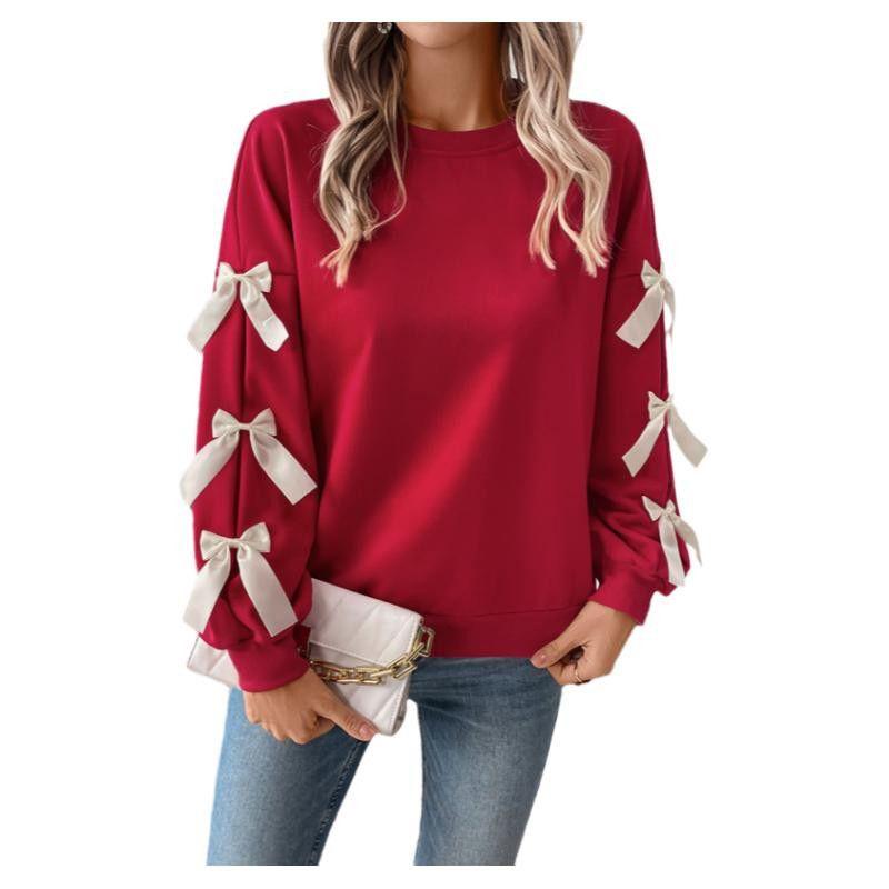 American Shiying Bows Decoration Long Sleeves Tops Female 2025 Winter New Design Sense Pullover Sweatshirt Female