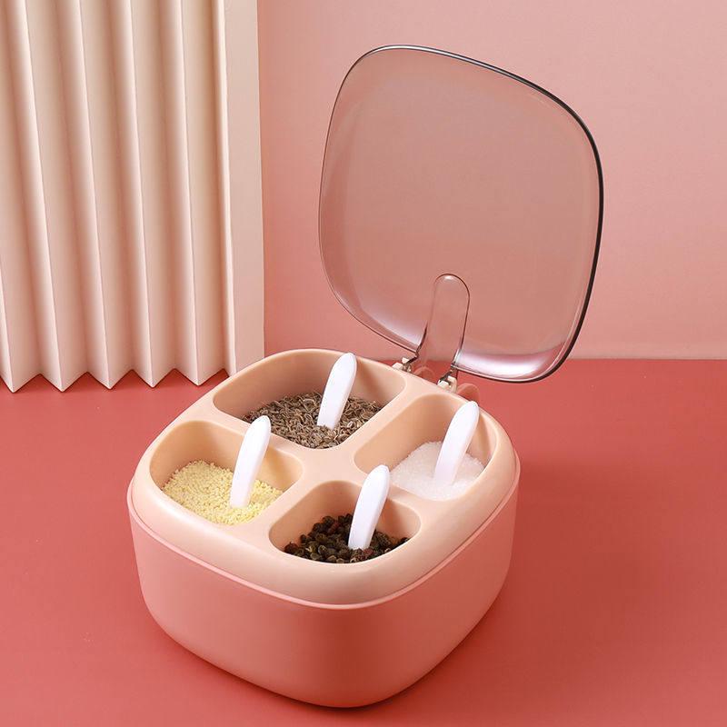 Four-Compartment Kitchen Seasoning Storage Box with Lid for Salt, MSG, and Pepper.