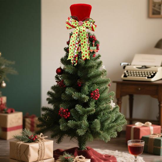 Christmas Tree Topper Hat Large Red Velvet Top Hat with Bow Christmas Treetop Ornament for Home Office Holiday Xmas Tree Decoration
