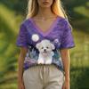 Summer Women's T-Shirt Oil Painting Puppy Print Casual Short-Sleeved 3d T-Shirt Fashion Street Wear V-Neck Pullover Oversized Wo