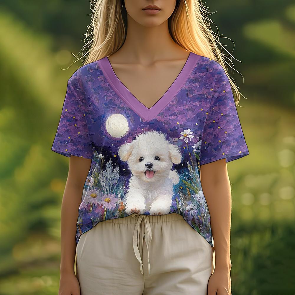Summer Women's T-Shirt Oil Painting Puppy Print Casual Short-Sleeved 3d T-Shirt Fashion Street Wear V-Neck Pullover Oversized Wo