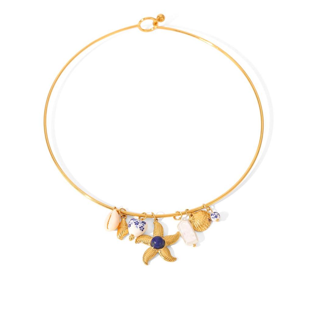 Women's Ocean-Themed Titanium Steel Necklace with Starfish, Fish, and Conch